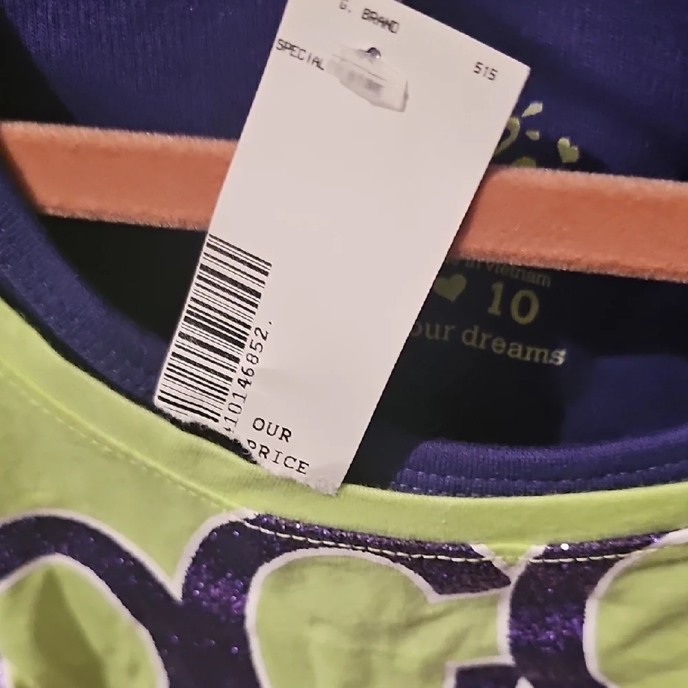Justice NWT Girls Soccer Layered Graphic Shirt - Neon Green and Purple Size 10